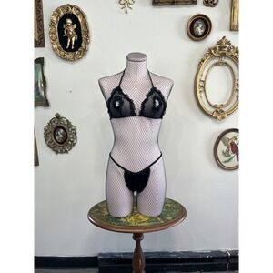 Vintage Y2K Sheer Black Mesh Ruffle Lingerie Set - Size M